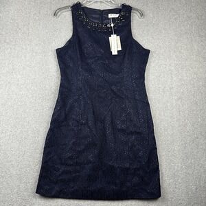 Trina Turk Dress Womens 8 Navy Blue Sleeveless Beaded Neck Lace Cocktail Party